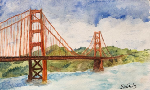 Photo of a painting done by Emma; a watercolour of a bridge over water