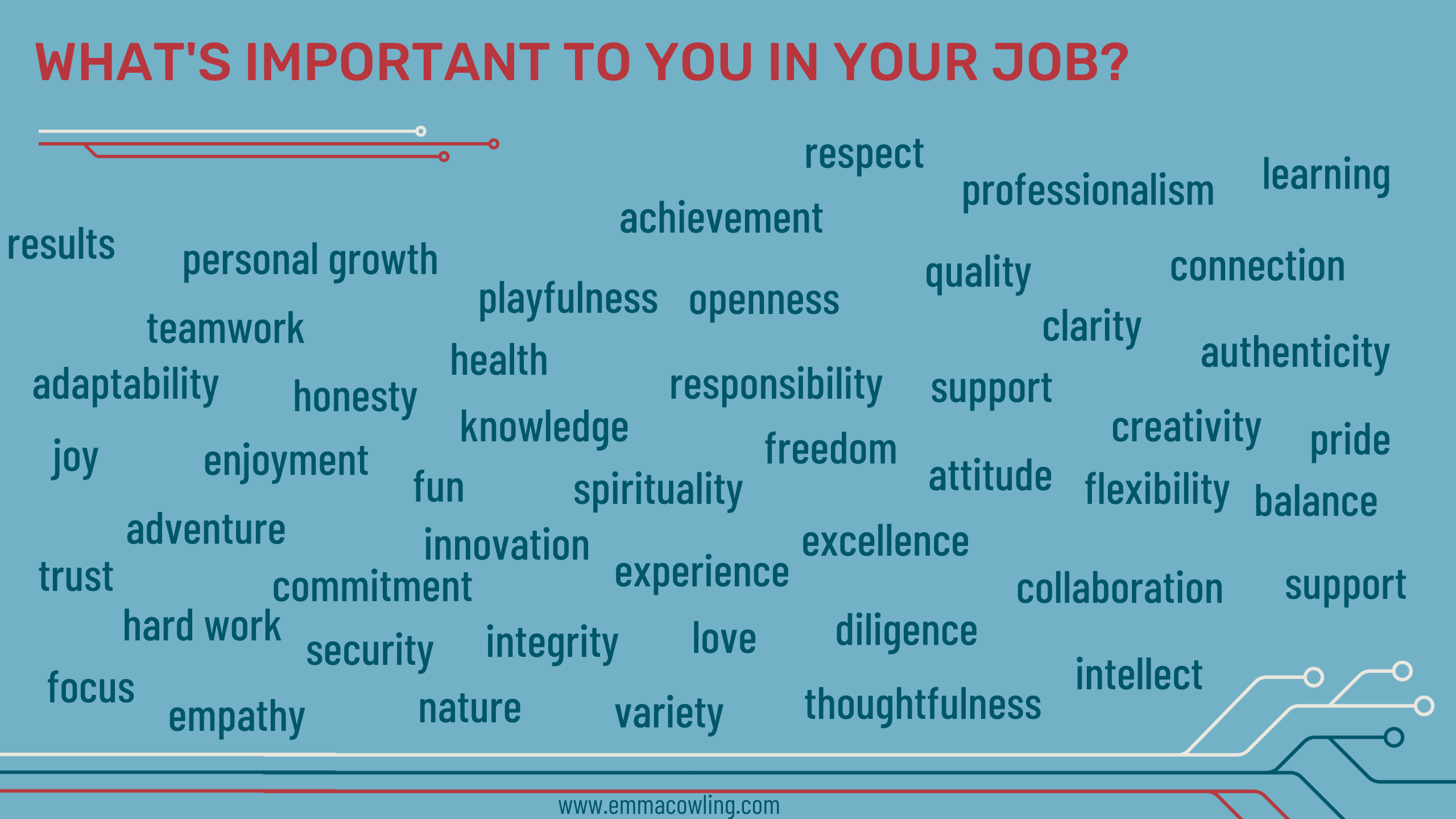 A list of words with different values and things that could be important to people in their job